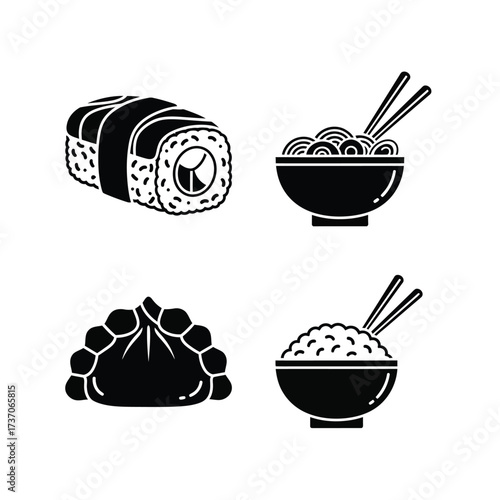 Black and white vector icons of various Asian food dishes including sushi, noodles, dumplings, and rice bowls.