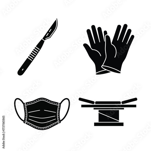Black and white illustration of surgical tools and medical equipment for healthcare.