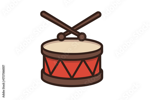 Drum icon vector. Music instrument symbol. Cartoon illustration of a snare drum with drumsticks. Percussion graphic for rock band, concert, and sound design. Isolated art.
