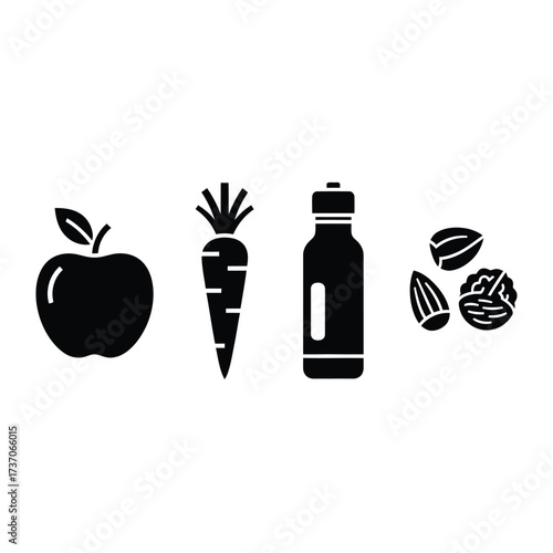 Minimalist black silhouettes of healthy food items including an apple, carrot, a bottle, and various nuts.