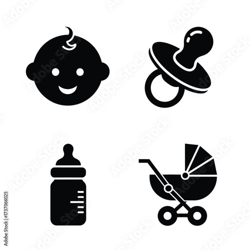 Baby icons: face, pacifier, bottle, and stroller in black and white.
