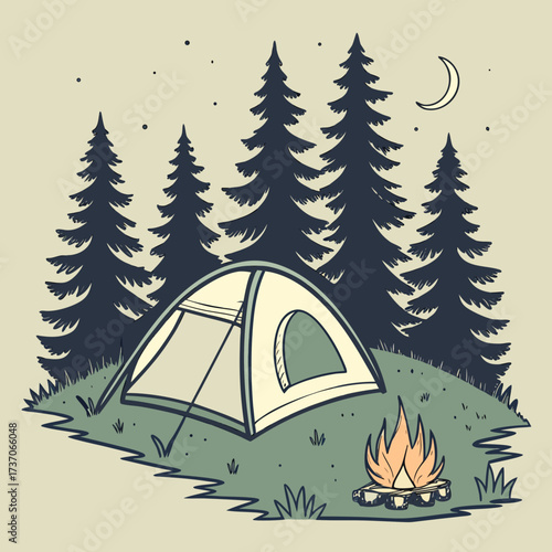 Vector art of camping tent in the forest at night