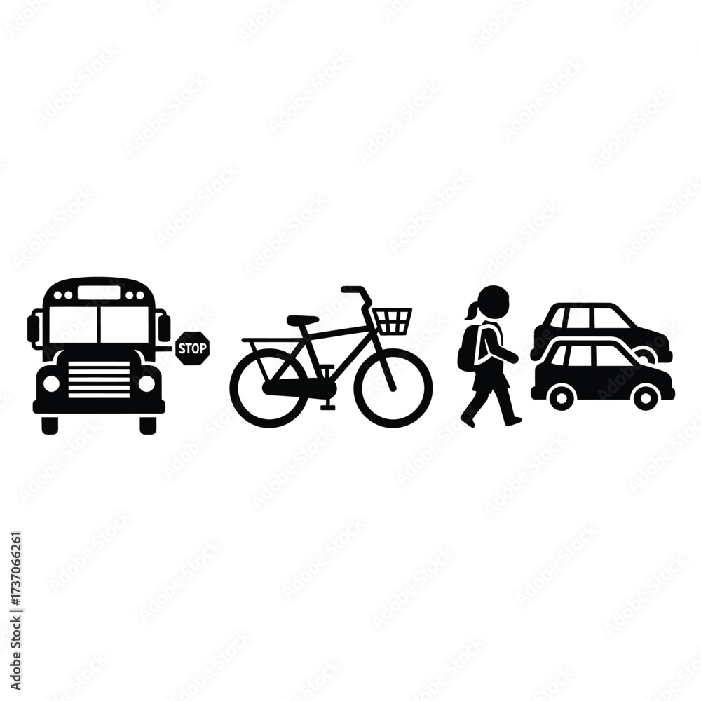 Naklejka premium Black and white icons depicting various modes of transport including a school bus, bicycle, walking person, and cars.