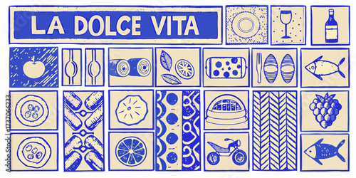 La dolce vita italian lifestyle collage featuring food drinks and iconic symbols
