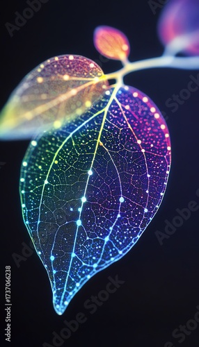 Vibrant digital illustration of a glowing leaf structure, showcasing intricate vein patterns and vivid colors on a dark background.