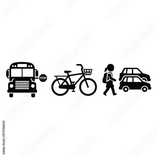 Black and white icons depicting various modes of transport including a school bus, bicycle, walking person, and cars.