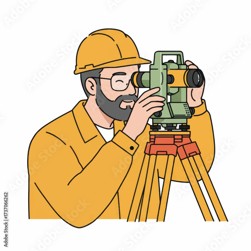 Surveyor engineer character operating a theodolite on a tripod.
