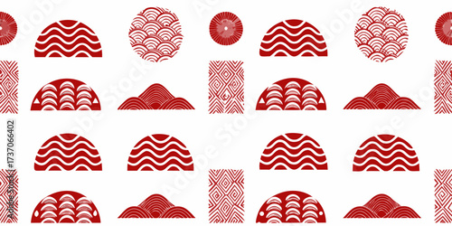 Seamless pattern of traditional japanese motifs in red and white with waves mountains and geometric designs