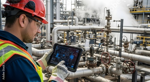 Industrial engineer using digital tablet for monitoring in modern petrochemical plant with extensive pipe network