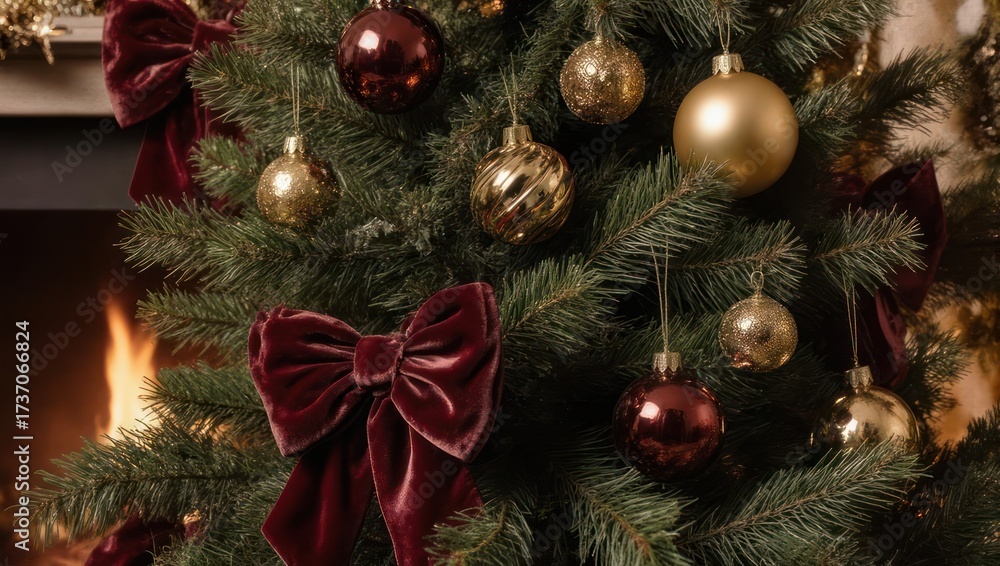 Fototapeta premium Cozy Christmas Tree with Ornaments and Fireplace Glow.