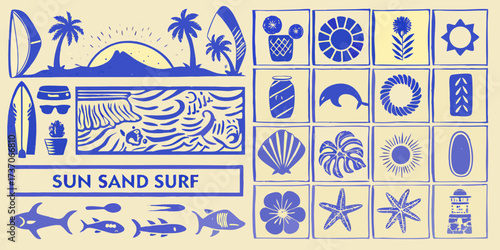 Retro sun sand surf tropical beach vacation collage with palm trees surfboards sunglasses and ocean life
