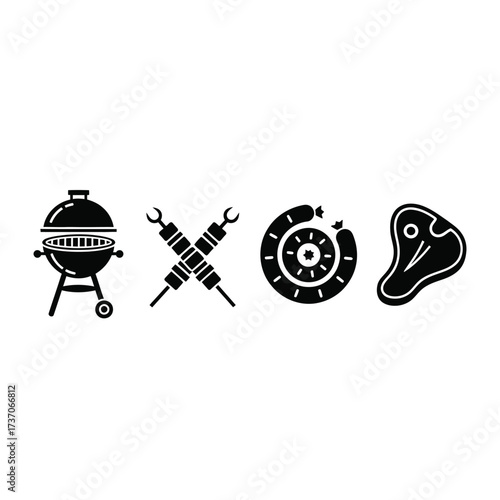 Collection of barbecue and grilling essentials grill, skewers, sausage, and steak icons for outdoor cooking