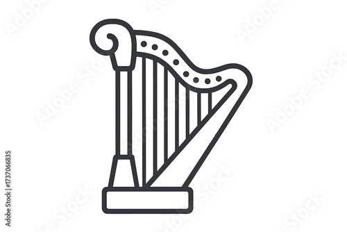 Harp icon. Music instrument symbol. Linear style. Vector illustration. String instrument. Classical music. Orchestra concert. Melody, harmony. Acoustic sound. Lyrical logo.