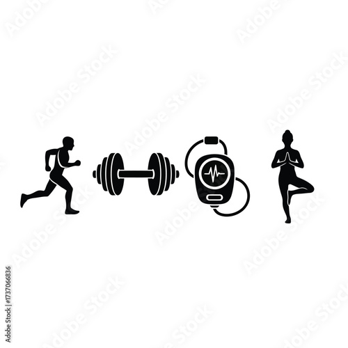 Silhouette icons representing running, weightlifting, heart rate monitoring, and yoga, promoting fitness and wellness.