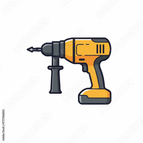 Yellow and Black Cordless Drill with Auxiliary Handle Illustration.