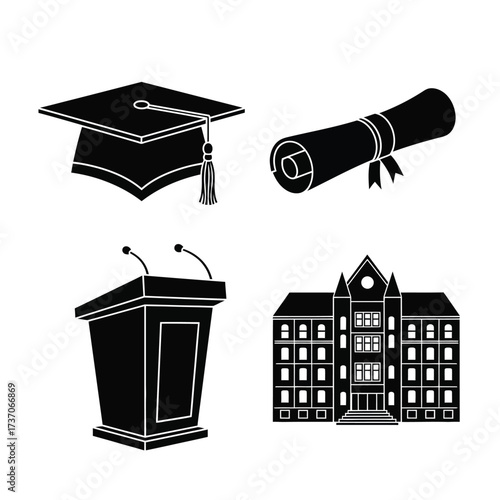 Graduation icons: mortarboard, diploma, podium, and university building.