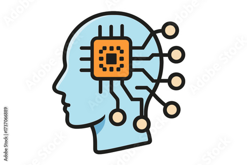 Artificial intelligence head icon with processor chip. Machine learning, AI concept. Bionic cyborg brain. Digital mind, neural network technology. Future of data processing vector.