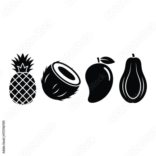 Black and white illustration of a pineapple, coconut, mango, and papaya, tropical fruits.