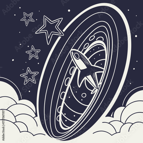 Vector art of rocket flies through space rings