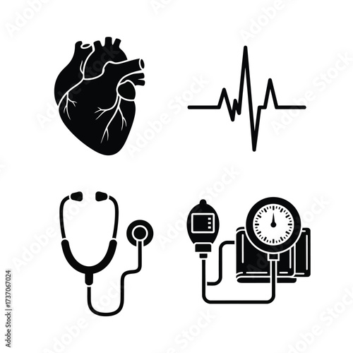 Medical icons: heart, heartbeat, stethoscope, and blood pressure monitor.