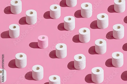 Overhead shot of white toilet paper rolls against a pink background, one roll pink