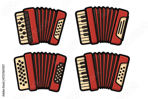 Accordion vector icon set. Red piano and button accordions cartoon illustration. Classic folk musical instrument for performance, concert or festival. Isolated graphic element.