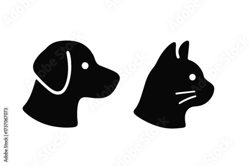 Cat and dog head profile icon. Pet silhouette logo vector for veterinary clinic, pet shop or animal shelter. Simple black and white design for domestic animal business brand.
