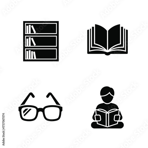 A collection of four black and white icons representing reading and learning, including a bookshelf, an open book, eyeglasses, and a person reading.