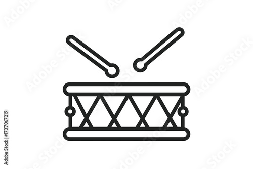 Snare drum with drumsticks linear icon. Percussion musical instrument for rock band or parade. Concept for music lesson, rhythm, beat, sound. Simple outline vector illustration.