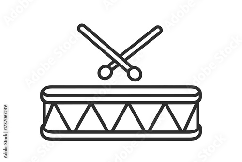 Drum icon. Percussion musical instrument with crossed drumsticks. Simple line art symbol for music, rhythm, beat, sound, march, rock band. Minimal vector illustration.