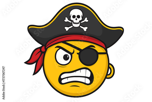 Angry pirate emoticon vector illustration. Cartoon smiley face character with pirate hat, eyepatch and skull symbol. Furious, mad emoji expression. Sea robber buccaneer head.