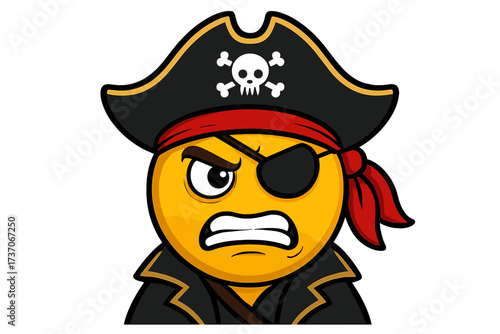 Angry pirate emoticon vector illustration. Mad smiley face in a pirate costume with hat and eyepatch. Furious cartoon character mascot. Corsair emoji concept for chat or sticker.