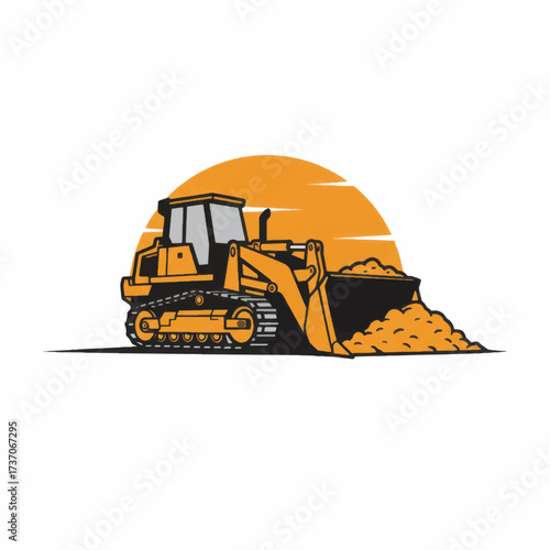 Yellow bulldozer with a full bucket of dirt and a sunset.