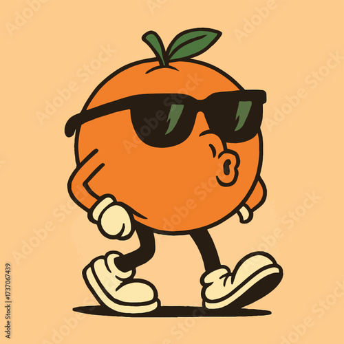 A cool cartoon orange character wearing sunglasses and shoes walks with a confident swagger on a peach background.
