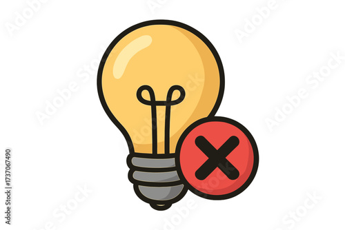No idea icon. Bad idea symbol. Light bulb with red cross mark. Rejected, incorrect solution. Failed innovation or creativity block concept. Mistake, error or problem sign.