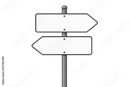 Blank road sign with two arrows pointing in opposite directions. Vector concept of choice, dilemma, decision making, different paths, or crossroads. Empty signpost template.