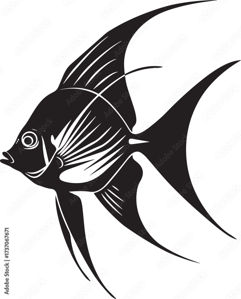 Fototapeta premium A black and white illustration of a fish with long, pointed fins against a plain background.
