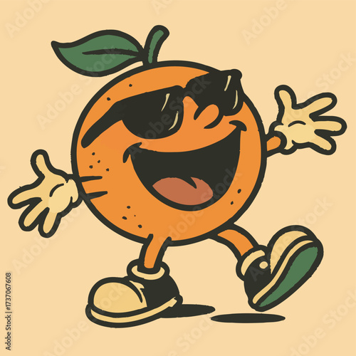 A cool cartoon orange character wearing sunglasses and shoes, walking happily with a big smile on its face.