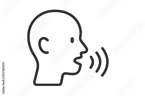 Speak talk icon. Person speaking symbol. Voice sound wave pictogram. Communication concept. Human head profile. Speech audio sign. Conversation discussion graphic vector.