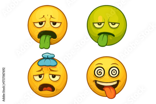 Sick emoji vector set. Unwell emoticon collection. Nauseous, dizzy, crazy smiley faces. Concept illness, headache, fever, disgust, pain, exhaustion. Isolated cartoon characters.