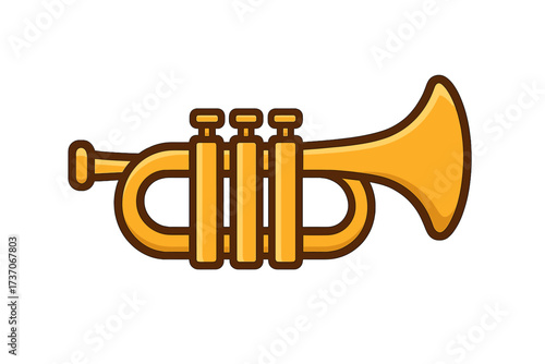 Trumpet icon vector illustration. Golden brass musical instrument in flat cartoon style. Symbol for orchestra, jazz music festival, or military band fanfare. Simple bugle logo.