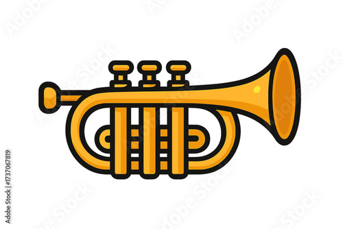 Golden trumpet vector icon. Cartoon illustration of a brass musical instrument for orchestra or jazz band. Classic wind instrument symbol for music, sound, melody, or concert concepts.