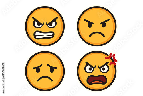 Angry emoji set. Mad face icon collection. Furious, evil, annoyed, disappointed emoticon stickers. Negative emotions, stress, rage, conflict concept. Vector character pack.