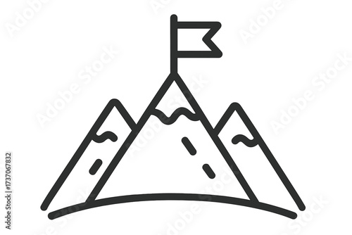 Mountain with flag on peak icon. Goal achievement, success, mission accomplished concept. Business leadership, victory, winning. Reaching the top. Vector line art symbol.