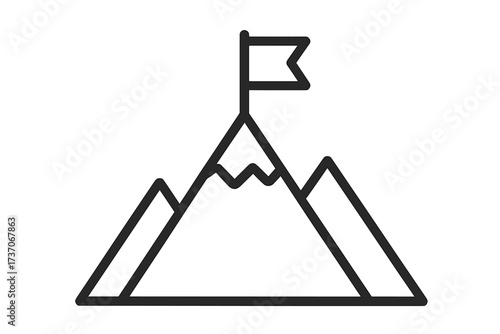Mountain with flag icon. Vector symbol of success, achievement, and goal. Mission accomplished, reaching the peak concept. Leadership, victory, and ambition illustration.
