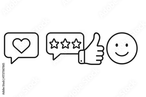 Customer review icon set. Feedback, rating, and satisfaction symbols. Vector line art of like button, star rating, heart, and smile face for UI and social media. Quality service.