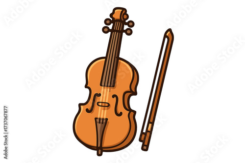 Cello with bow cartoon vector illustration. Classical string musical instrument icon for orchestra or concert. Simple flat line art drawing of a violoncello. Music symbol.