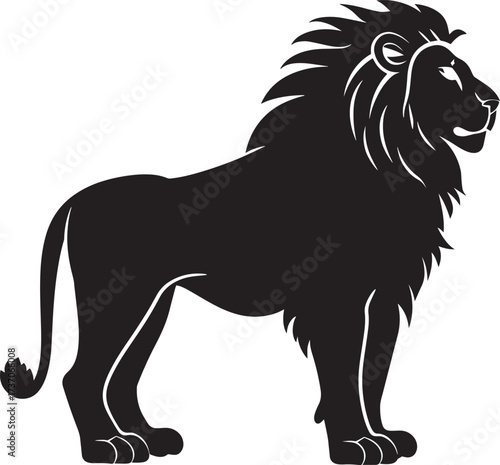 A black and white silhouette of a lion standing on two legs with a mane.