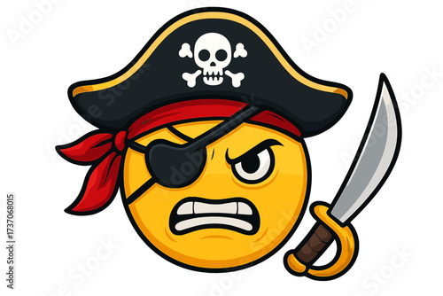 Angry pirate emoticon with sword. Vector emoji character with eyepatch and hat with skull. Furious smiley mascot illustration. Cartoon face symbol of rage, anger for chat.