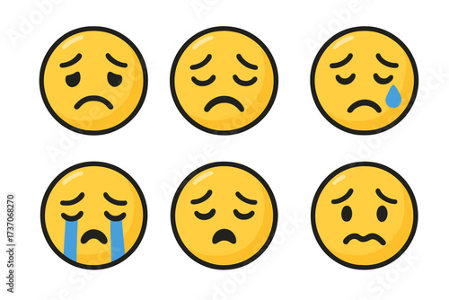 Set of sad and unhappy emoticon stickers. Collection of crying yellow face emojis. Vector illustration of negative emotions, depression, despair, and grief for mental health.